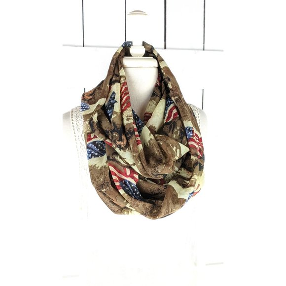 Brown beige wild stallion horse USA flag stars and stripes infinity scarf - Picture 5 of 5